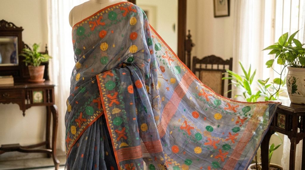 Close-up of a grey Jamdani saree with colorful floral and geometric motifs and an orange border, draped elegantly in a heritage-style room