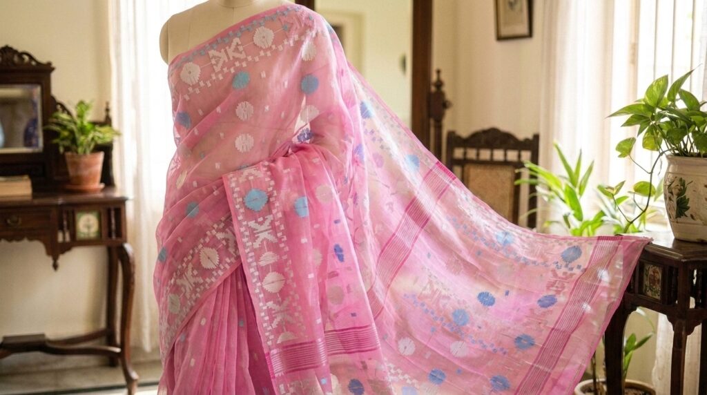 Close-up of a pink Jamdani saree with white, blue, and silver floral motifs and a woven border, draped elegantly in a heritage-style room