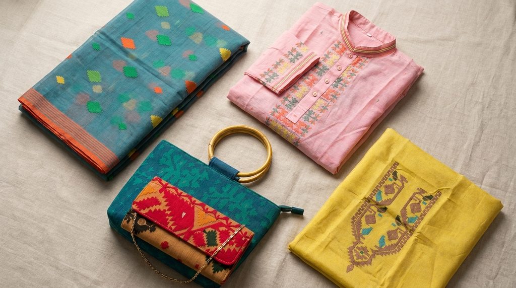 Flat lay of handwoven Jamdani products including a teal saree, pink panjabi, yellow fabric with motifs, and a red-green Jamdani clutch bag with bamboo handle